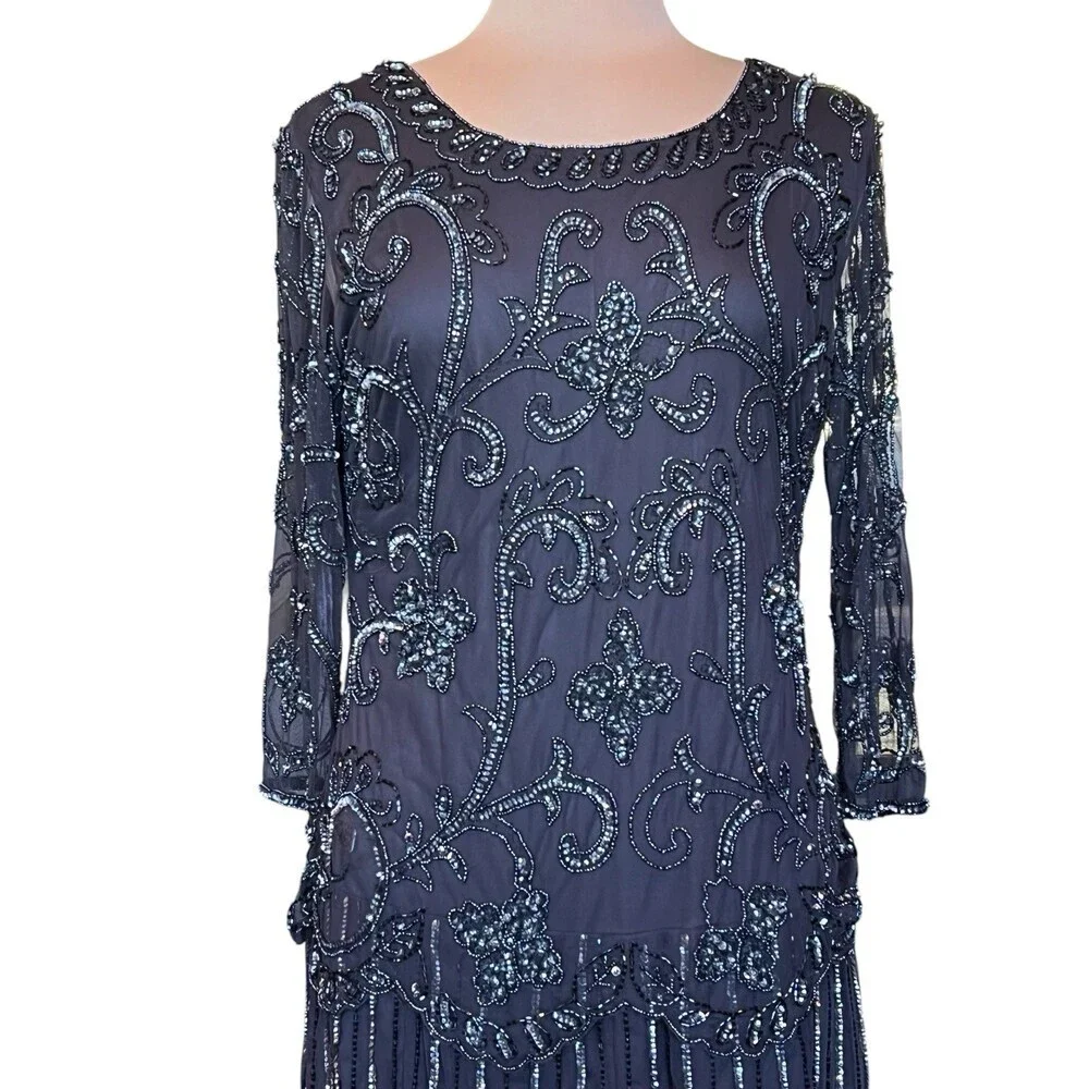 Pisarro Nights Heavily Beaded Mesh Maxi Dress SZ 14 Gatsby Formal Evening Gown